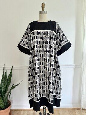 Vintage Black White Geometric Print Tunic Dress Oversized